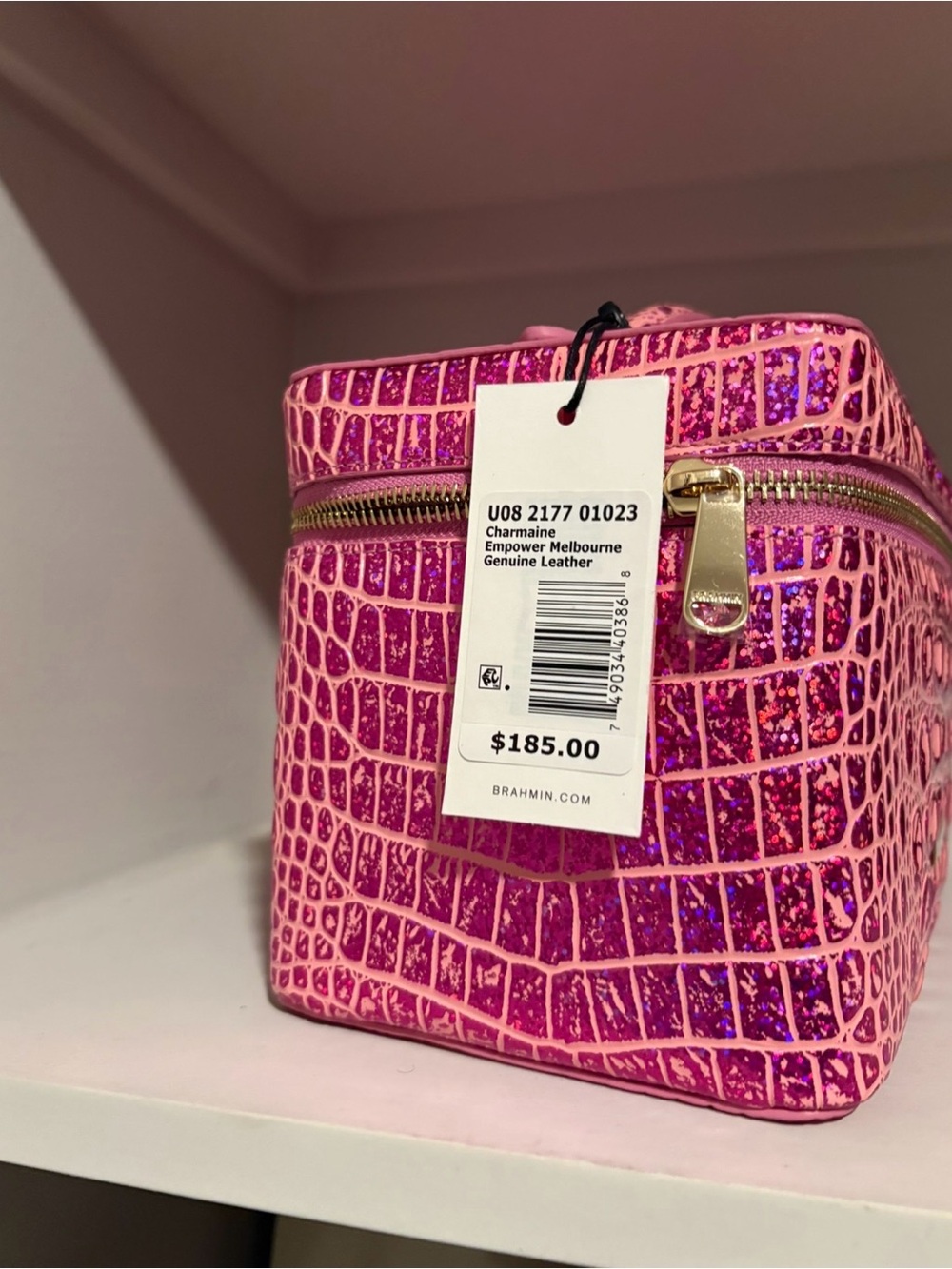 Brahmin Pink Glitter Croc-Embossed Leather Cosmetic Case - Picture 2 of 6